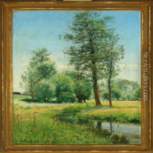 Flowering Meadowwith Trees And Stream, In The Background Children Oil Painting - H. A. Brendekilde