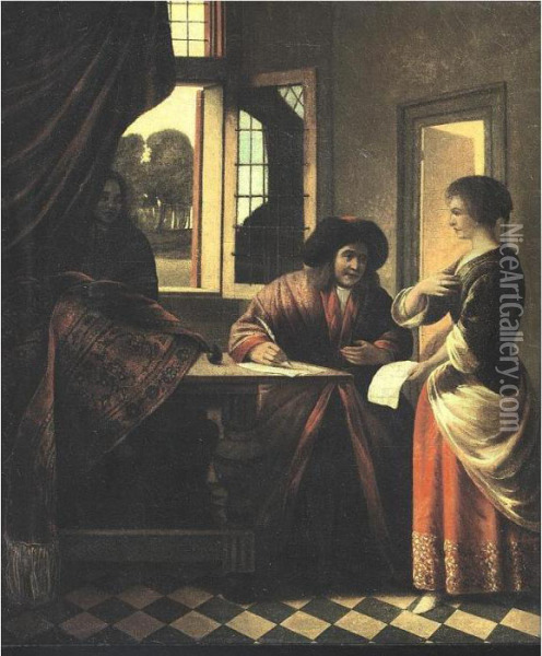 Interior Scene With A Man At A Writing Table Oil Painting - Pieter De Hooch
