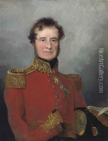 Portrait Of Lord Fitzroy James Henry Somerset, 1st Baron Raglan (1788-1855) In Military Uniform, A Plumed Hat Under His Left Arm Oil Painting - Andrew Morton
