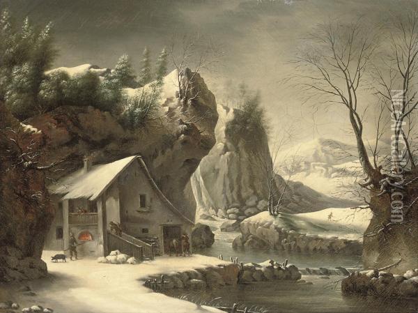 An Extensive Winter Landscape With A Peasant By A Cottage, Mountains Beyond Oil Painting - Francesco Foschi