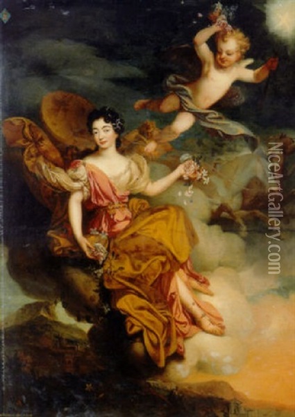 Portrait Of Mademoiselle De La Force As Flora With Putti In A Landscape Oil Painting - Pierre Mignard the Elder