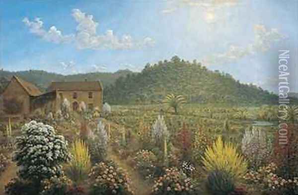 A View of the Artists House and Garden in Mills Plains Van Diemens Land Oil Painting - John Glover