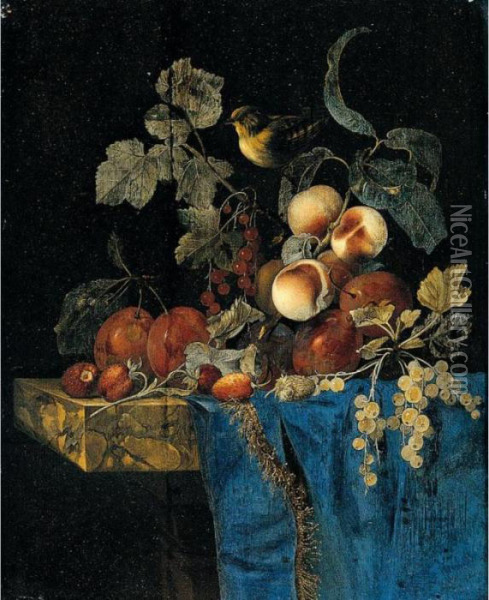 Still Life Of Apricots, Plums, 
Red And White Currants And Strawberries Arranged On A Marble Ledge 
Draped With A Blue Cloth And A Bird Oil Painting - Willem Van Aelst