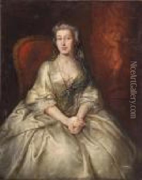 A Portrait Of A Lady, Three-quarter-length, Seated, In A White Dress Oil Painting - Allan Ramsay