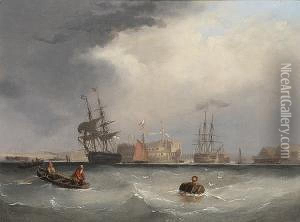 A Royal Navy Brig Departing From
 The Hamoaze With Other Shipping, Including An Ancient Hulk Beyond Oil Painting - Condy, Nicholas Matthews