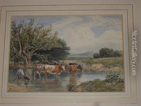 Cattle Watering At A Ford With Farmer And Dog At The Waters Edge Oil Painting - John MacPherson