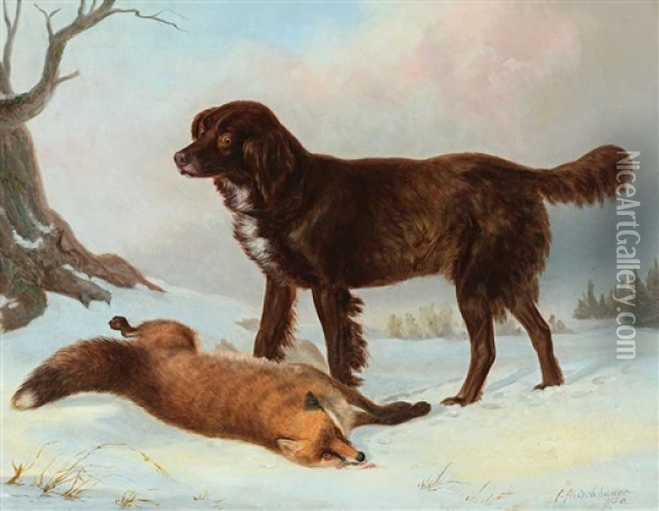 Jagdhund Mit Einem Erlegten Fuchs In Einer Winterlichen Landschaft Oil Painting - Hermann Fleischhauer