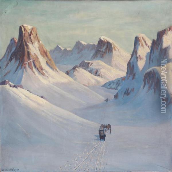 Sledge Driving On A Sunny Day In Greenland Oil Painting - Emanuel A. Petersen