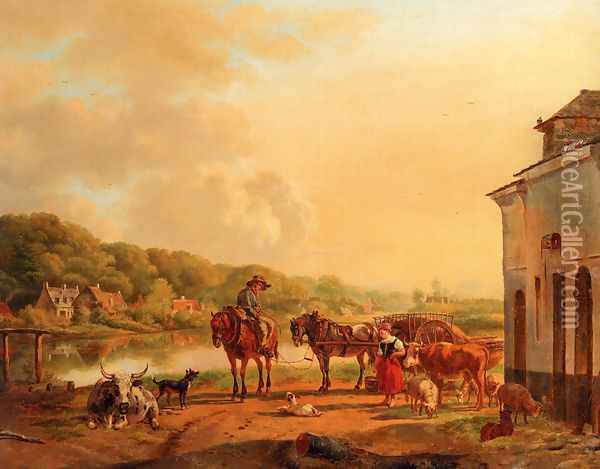 A Sunlit River Landscape With Peasants Conversing By A Barn Oil Painting - Pieter Gerardus Van Os