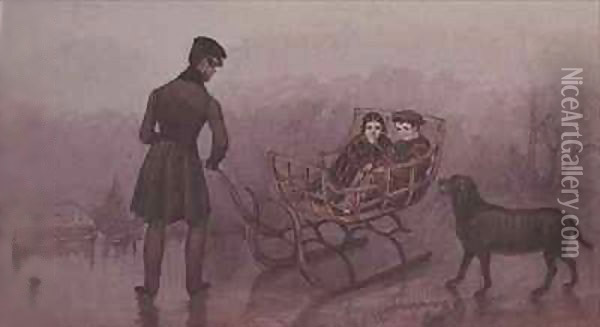 Anthony, Frank and Caroline sledging on the ice Oil Painting - Mary Ellen Best