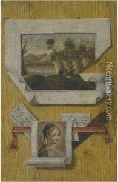 A Trompe L'oeil Still Life With A Sketch Of A Landscape And Saint Apollonia Oil Painting - Andrea Domenico Remps