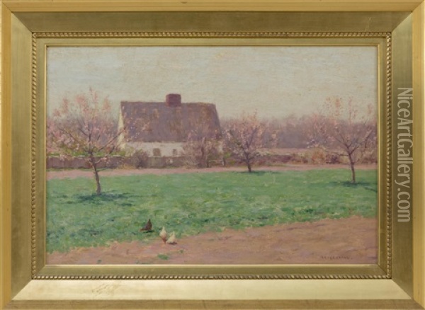 Farm Landscape With House, Chickens And Blossoming Apple Trees Oil Painting - Bruce Crane