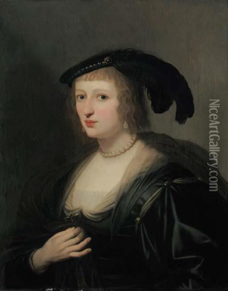 Portrait Of Ursula Van Solms, 
Half-length, In A Black Dress Andfeathered Hat, Her Crucifix In Her 
Right Hand Oil Painting - Gerrit Van Honthorst