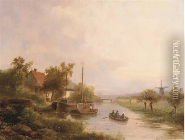 Along The River In Summer Oil Painting - Johanes Petrus van Velzen