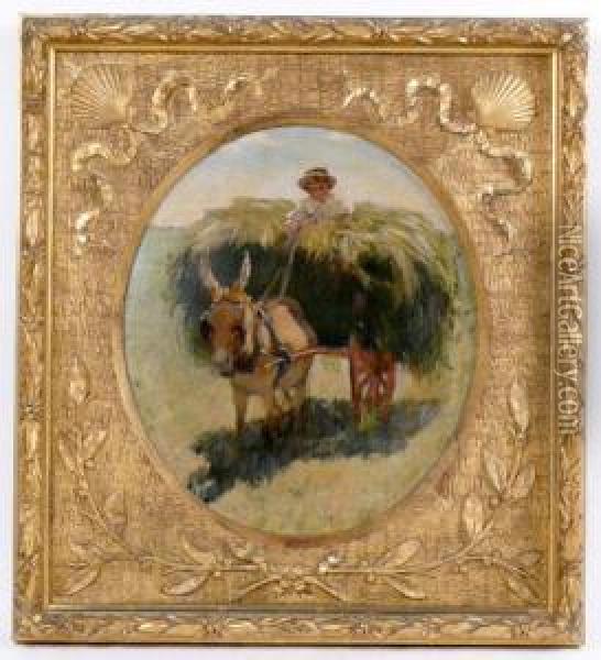 A Boy On A Donkey Led Cart Oil Painting - Charles S. Parker