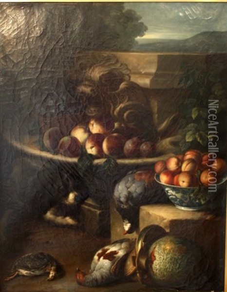 Nature Morte Aux Fruits, Gibiers, Et Chien A La Fontaine (after Desportes) Oil Painting - Ferdinand-Alexandre Bizard