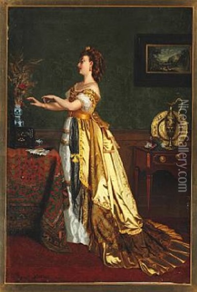 Interior With An Elegant Young Woman In A Yellow Evening Gown Oil Painting - Agapit Stevens