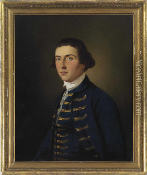 Portrait Of A Young Man, Half-length, In Blue Coat And Waistcoatwith Gold Embroidery Oil Painting - Tilly Kettle