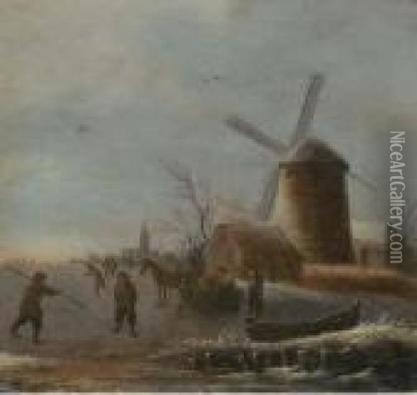 A Winter River Landscape With Skaters On The Ice By Awindmill Oil Painting - Thomas Heeremans