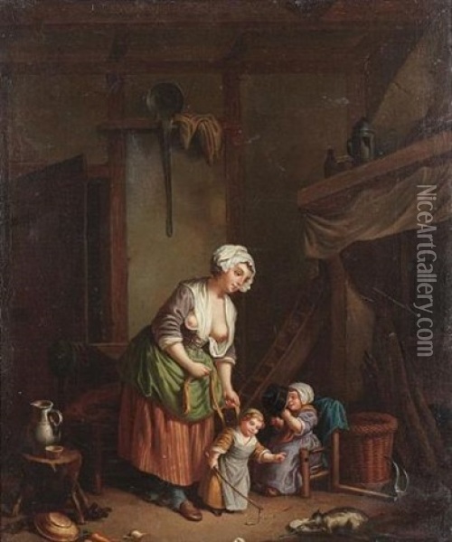 A Kitchen Interior With A Peasant Woman And Her Children Oil Painting - Jean-Baptiste Charpentier the Elder