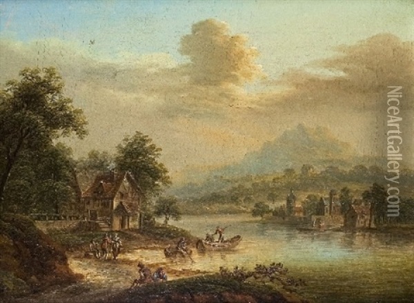 Flusslandschaft Mit Fischerbooten Oil Painting - Johann Georg Schuez