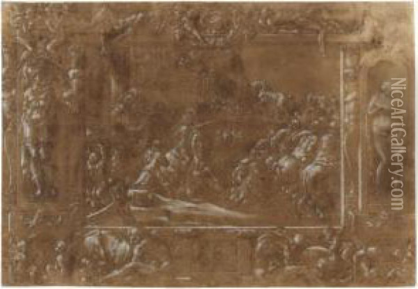 Design For A Wall Decoration: 
The Trojans Bringing The Wooden Horse Into Their City Walls, With 
Ornamental Borders Including Venus And Mars Oil Painting - Francesco Primaticcio