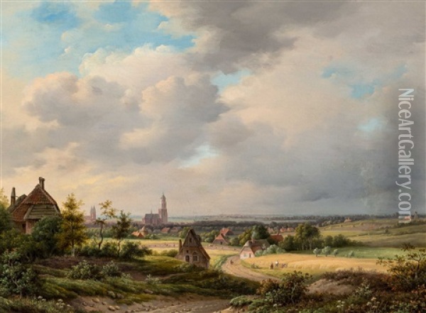 Panoramic View On The City Of Arnhem With Harvesting Farmers And The Eusebiuskerk In The Distance (circa 1840-1842) Oil Painting - Abraham-Johannes Couwenberg