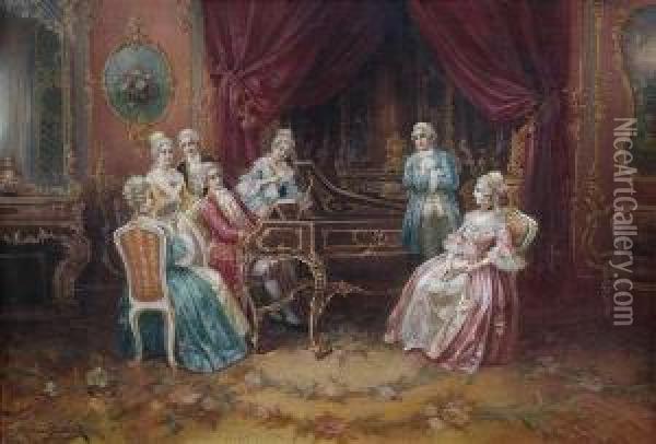 Rococo Interiorwith A Party Listening To A Harpsichordist. Oil Painting - Stephan Sedlacek
