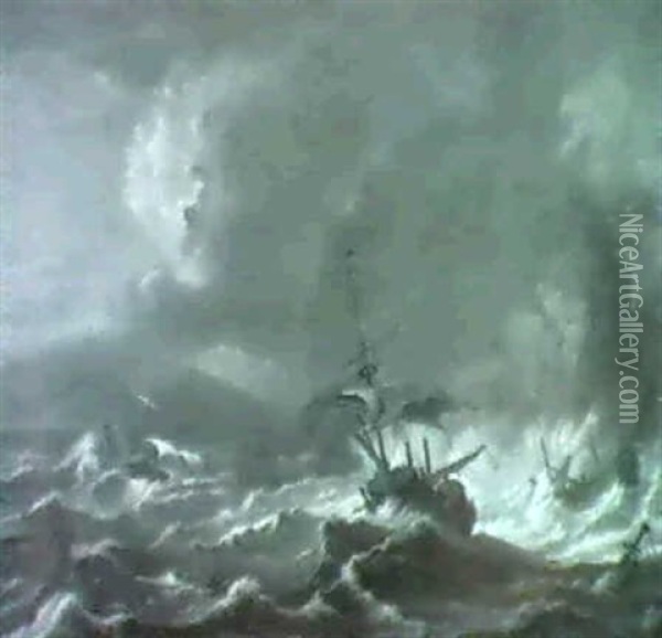Merchantmen Foudering Off A Rocky Coast In A Gale. Oil Painting - Bonaventura Peeters the Elder