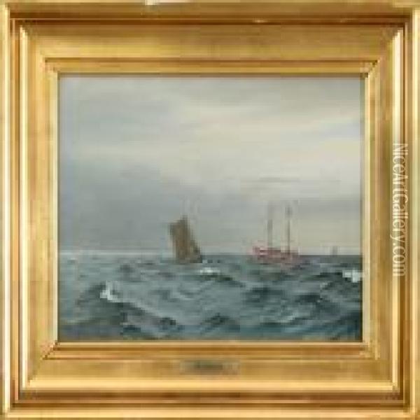 Boats In Open Sea, Evening Oil Painting - Christian Vigilius Blache
