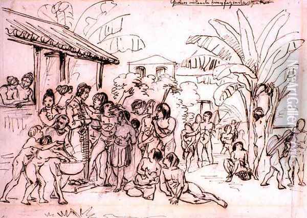 Indians visiting an estate, Brazil, c.1825 Oil Painting - Johann Moritz Rugendas