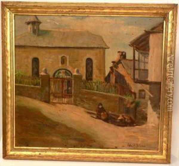 A Scene Of A California Mission With Figure Oil Painting - Ada Stone