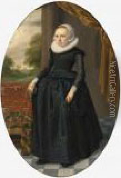 A Portrait Of A Lady, Standing 
Full-length, Wearing A Black Dress With Lace Collar And Bonnet, Holding 
Gloves, Near A Table Draped With A Persian Carpet Oil Painting - Thomas De Keyser