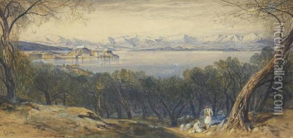 Distant View Of The Citadel From The Village Of Ascension, Corfu Oil Painting - Edward Lear