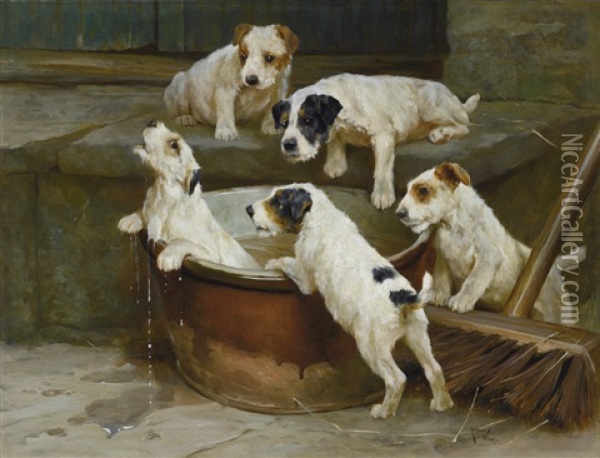 The First Bath - Wire Fox Terrier Puppies Oil Painting - Arthur Wardle