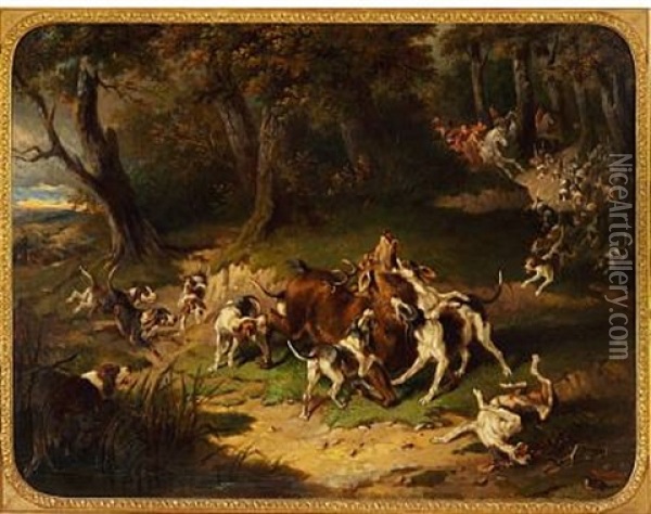 Hunting Scene With Dogs Attacking A Stag Oil Painting - Carl Fredrik Kiorboe
