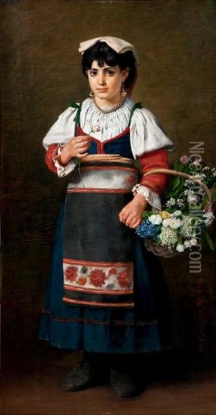Italian Girl With Flowers Oil Painting - Arvid Liljelund