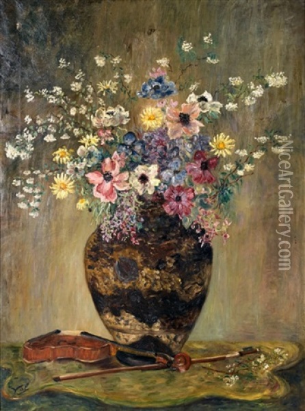 Bouquet De Fleurs Au Violon Oil Painting - Valentine Synave Nicolaud (Fray) Val