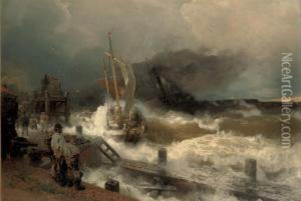 A Fishing Boat And A Steamer In Rough Seas Oil Painting - Andreas Achenbach