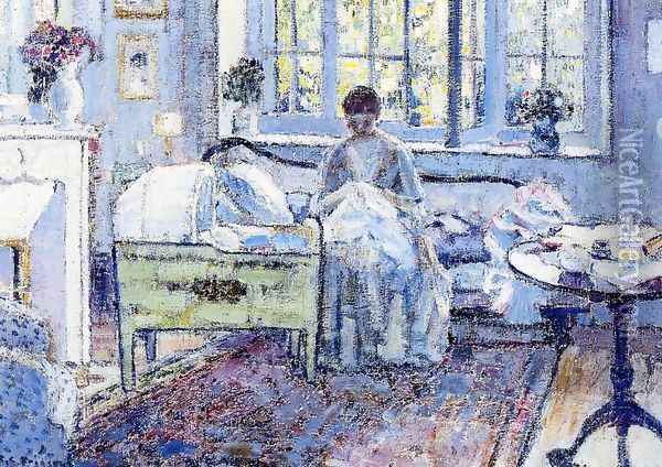 By the Cradle Oil Painting - Frederick Carl Frieseke