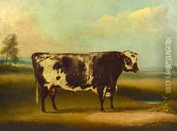 Naive Study Of A Bull In Landscape Oil Painting - William Henry Davis