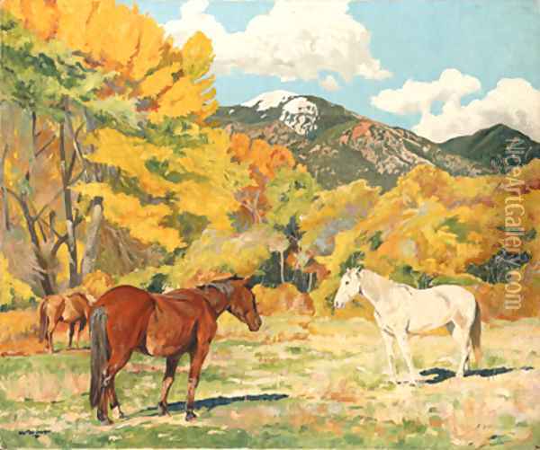Cottonwood and Wild Horses Oil Painting - Walter Ufer