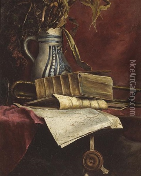 Still Life With Trombone And Books On A Table Oil Painting - John Bond Francisco