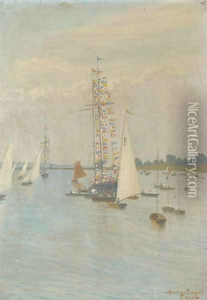 The committee boat dressed overall at the Regatta Oil Painting - W. Savage Cooper