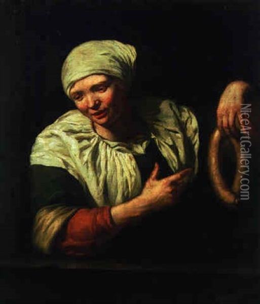 A Woman Pointing At A Sausage Oil Painting - Jan Van Pee