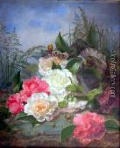 Still Life Of Camelias, Black Lace And Grasses Oil Painting - Thomas Worsey