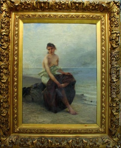 Femme De Pecheur Sur Un Rocher Oil Painting - August Vilhelm Nikolaus Hagborg