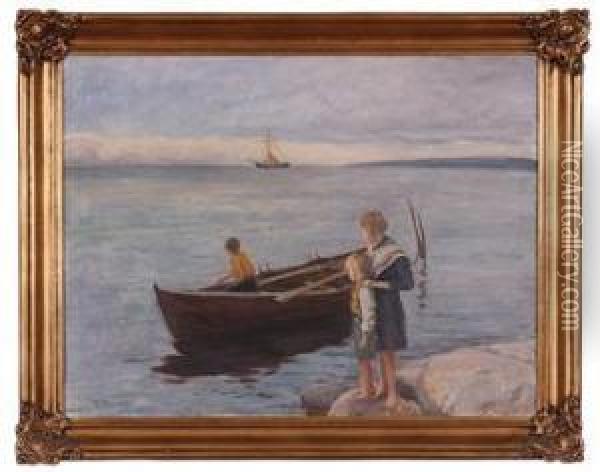 Kystlandskap Med Robat Og Barn Oil Painting - Thorvald Hagbart Torgersen