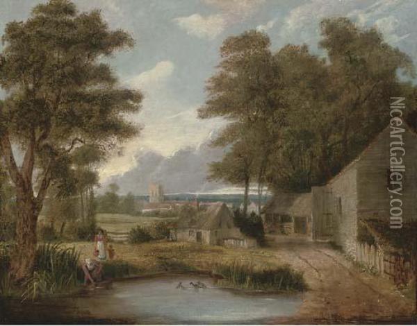 The Farm Pond Oil Painting - John Berney Crome