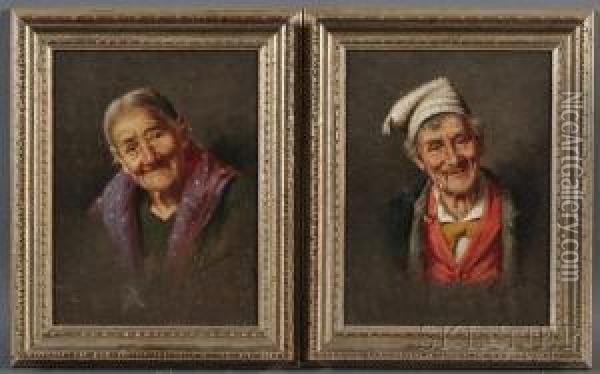 Pair Of Portrait Heads Of Peasants: Grandmother Oil Painting - Arturo Petrocelli